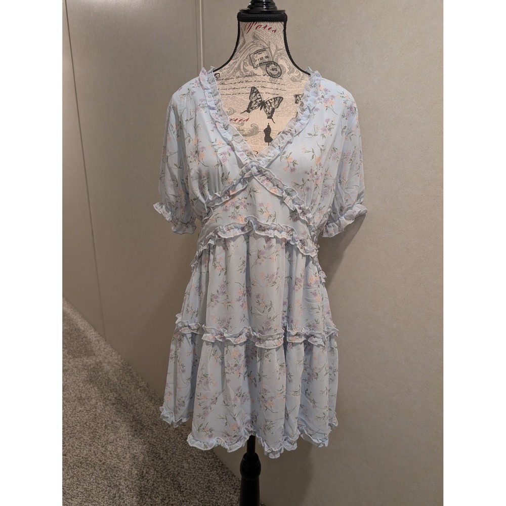 Mi Ami Light Blue Floral Ruffle Tiered Mini Dress Spring Cottagecore Women's XL